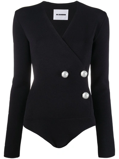 Shop Jil Sander Faux Pearl-embellished Wrap Bodysuit In Black