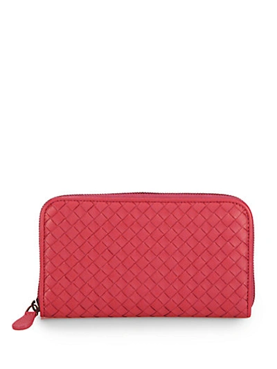 Shop Bottega Veneta Woven Zip-around Wallet In Red