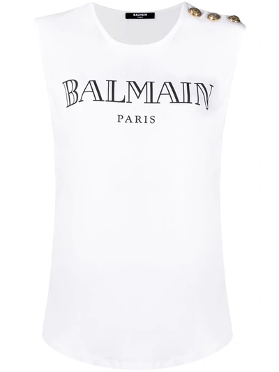 Shop Balmain Logo Print Tank Top In White