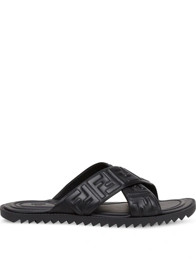 Shop Fendi Embossed Ff Motif Flat Sandals In Black