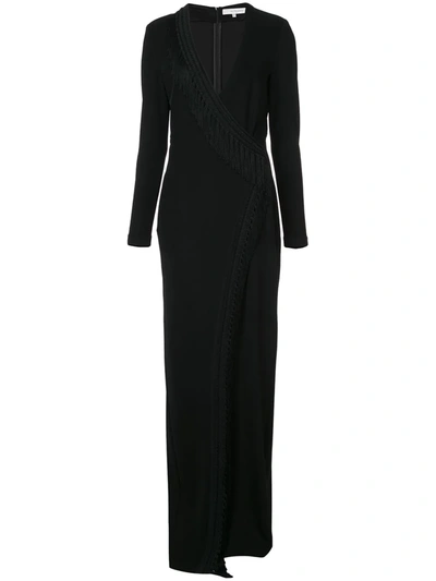 Shop Galvan Long-sleeve Fringed Wrap Dress In Black