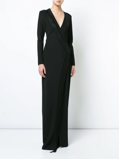 Galvan Long-sleeve Fringed Wrap Dress In Black