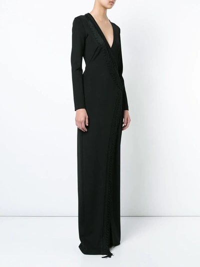 Galvan Long-sleeve Fringed Wrap Dress In Black
