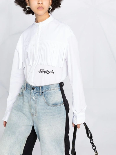 Shop Palm Angels Logo Embroidered Fringed Shirt In White