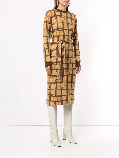 Pre-owned Celine Horse Straps Print Tied Dress In Brown