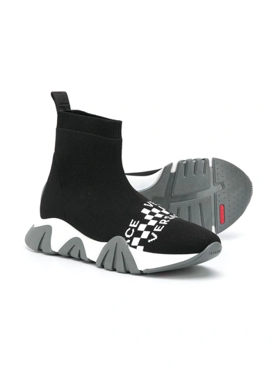 Shop Young Versace Teen Intarsia Knit Hi-top Sneakers In Black