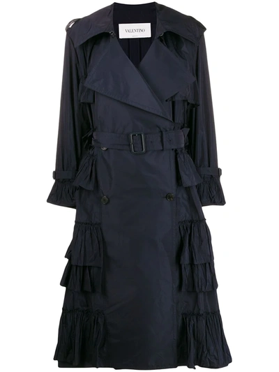 Shop Valentino Double-breasted Tiered Trench Coat In Blue