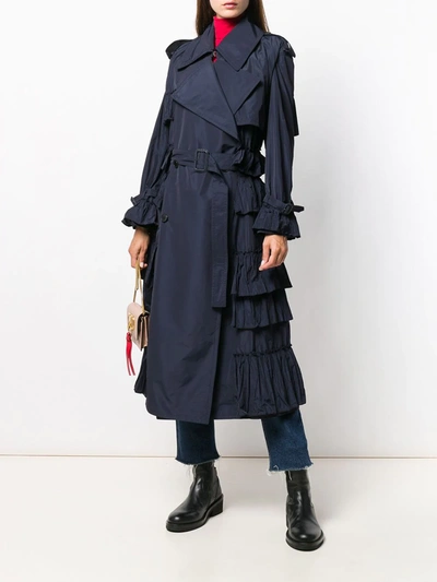 Shop Valentino Double-breasted Tiered Trench Coat In Blue
