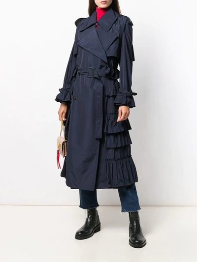 Valentino Double-breasted Pleated Trench Coat In Blue