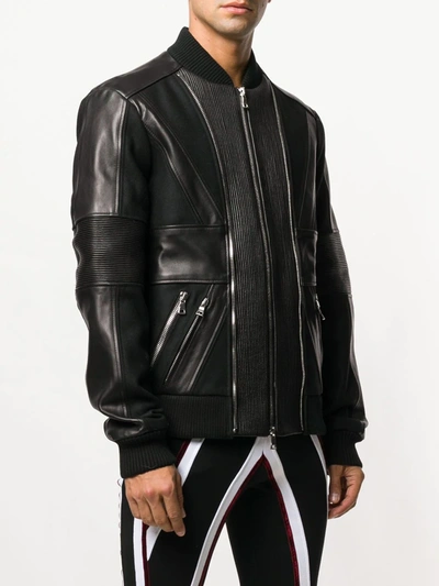Shop Balmain Zip Up Leather Bomber Jacket In Black
