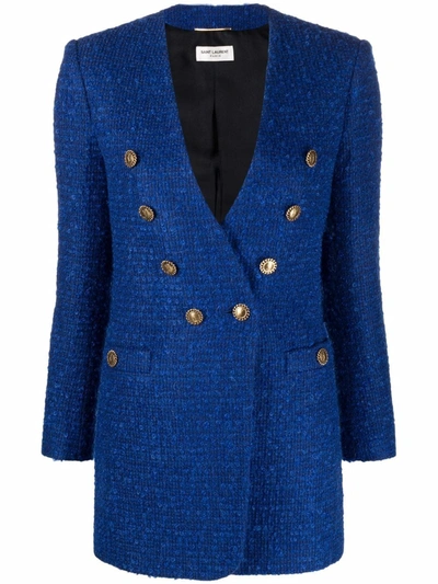 Shop Saint Laurent Double-breasted Tweed Jacket In Blau