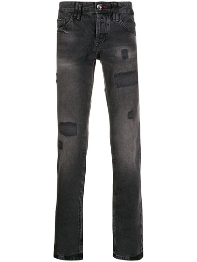 Shop Philipp Plein Distressed Straight-leg Jeans In Black