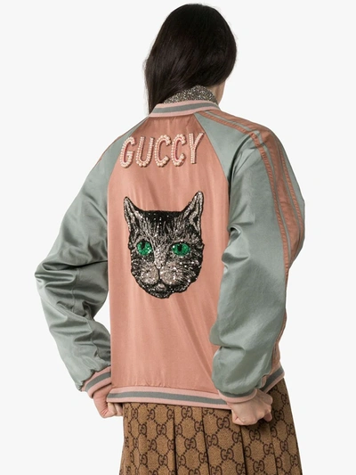Shop Gucci Sequin Cat Face Bomber Jacket In Pink