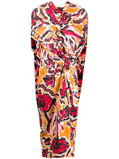 Shop Marni Floral Paint Print Tie Waist Dress In Orange