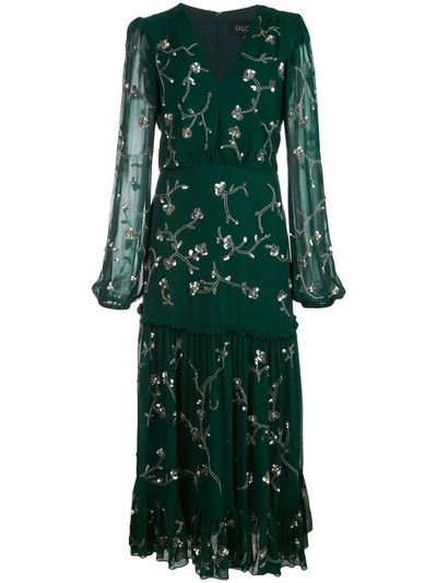 Shop Saloni Devon Embellished Silk Dress In Green