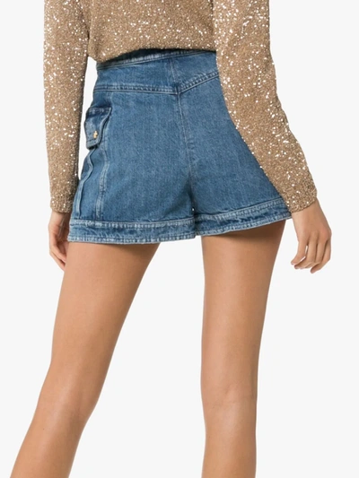 Shop Balmain High Waisted Button-down Denim Shorts In Blue