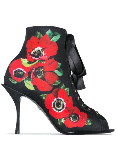 Shop Dolce & Gabbana Black 90 Floral Print Lace-up Stretch Jersey Ankle Boots