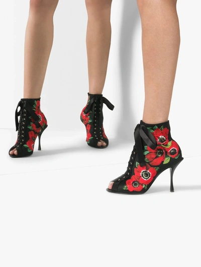 Shop Dolce & Gabbana Black 90 Floral Print Lace-up Stretch Jersey Ankle Boots