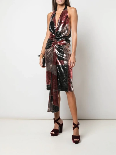 Halpern Draped Sequined Tulle Halterneck Midi Dress In Multicolour