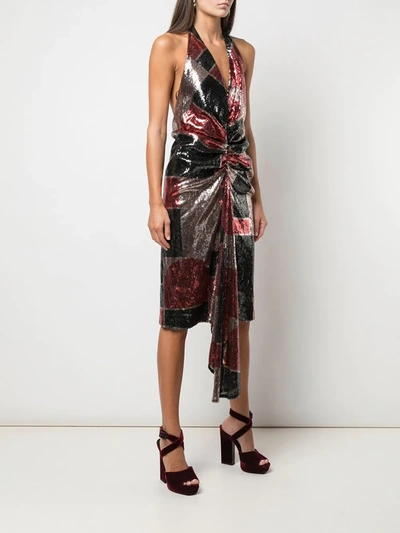Halpern Draped Sequined Tulle Halterneck Midi Dress In Multicolour