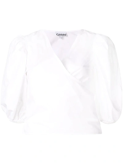 Shop Ganni Short-sleeve Wrap Blouse In White