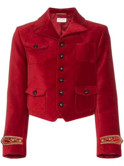 Shop Saint Laurent Cuff-embroidered Cropped Jacket In Red