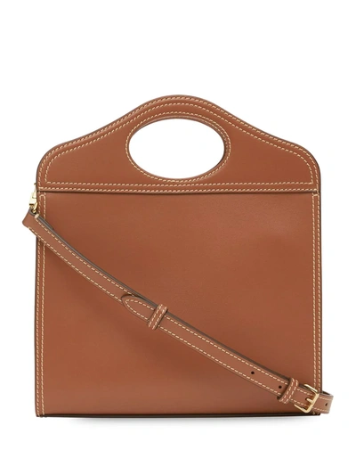 Shop Burberry Mini Topstitch Detail Leather Pocket Bag In Brown