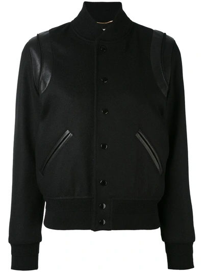 Shop Saint Laurent Leather Trim Varsity Jacket In Black