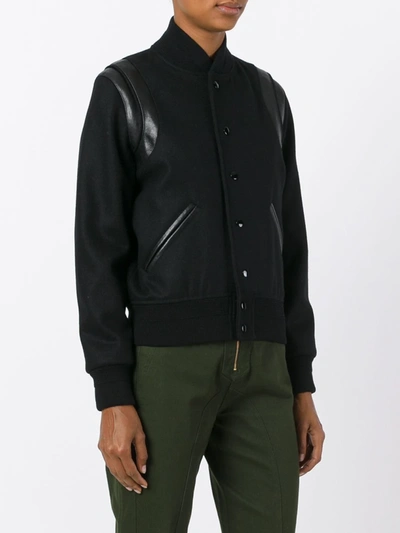 Shop Saint Laurent Leather Trim Varsity Jacket In Black