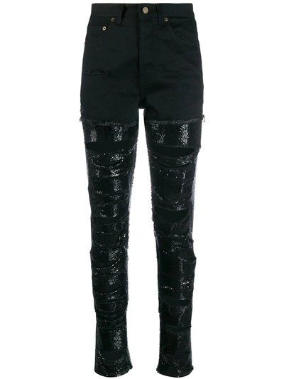 Shop Saint Laurent Sequin-embellished Ripped Skinny Jeans In Black