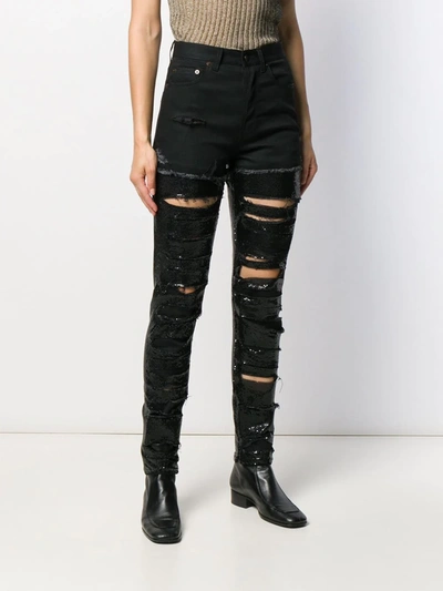 Shop Saint Laurent Sequin-embellished Ripped Skinny Jeans In Black