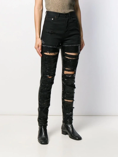Saint Laurent Sequin-embellished Ripped Skinny Jeans In Black