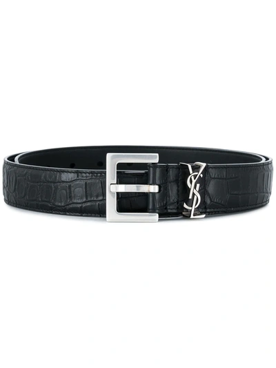 Shop Saint Laurent Monogram Crocodile-embossed Belt In Black