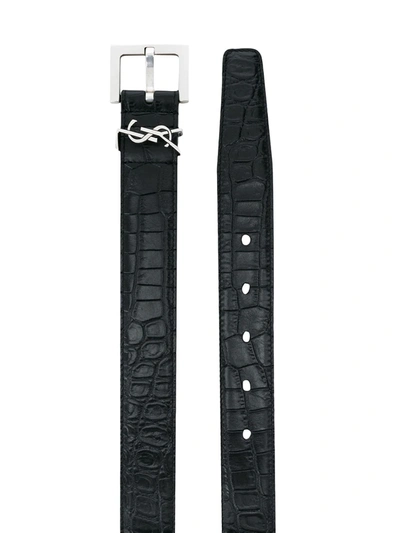 Shop Saint Laurent Monogram Crocodile-embossed Belt In Black