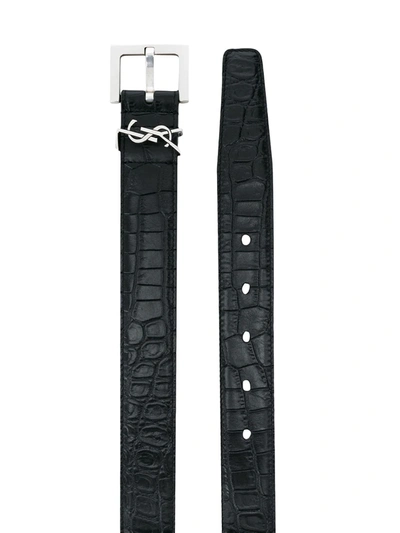 Saint Laurent Cassandre Belt In Crocodile-embossed Leather In Black