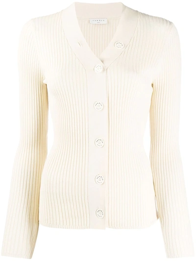 Shop Sandro Gabrielle Ribbed-knit Cardigan In Neutrals