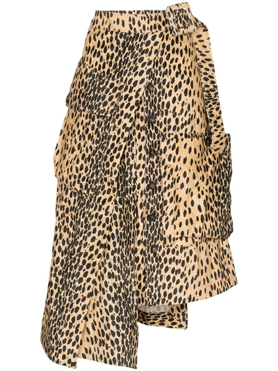 Shop Jacquemus Leopard Print Asymmetric Midi Skirt In Brown