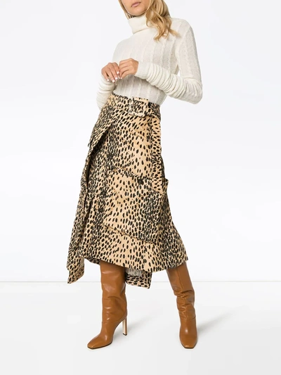 Shop Jacquemus Leopard Print Asymmetric Midi Skirt In Brown