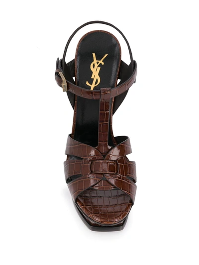 Shop Saint Laurent Tribute Crocodile-effect Sandals In Brown