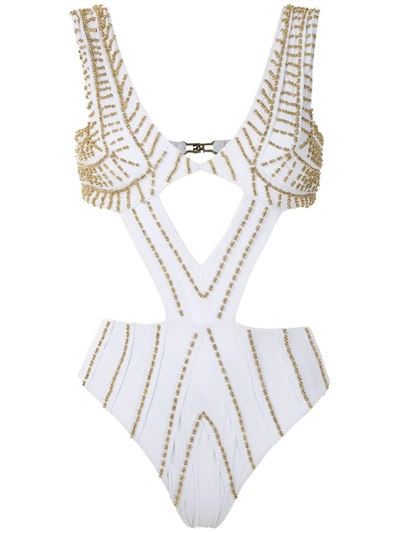 Shop Amir Slama Embroidered Cut Out Swimsuit In White