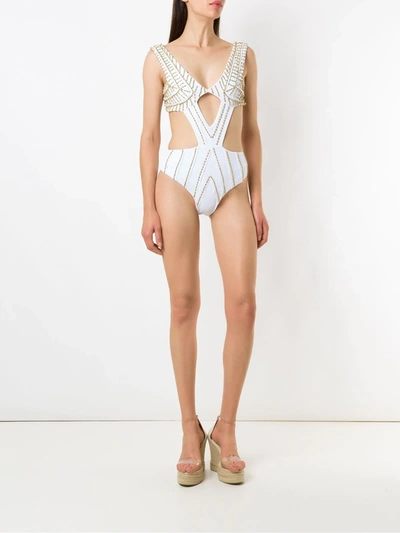 Shop Amir Slama Embroidered Cut Out Swimsuit In White