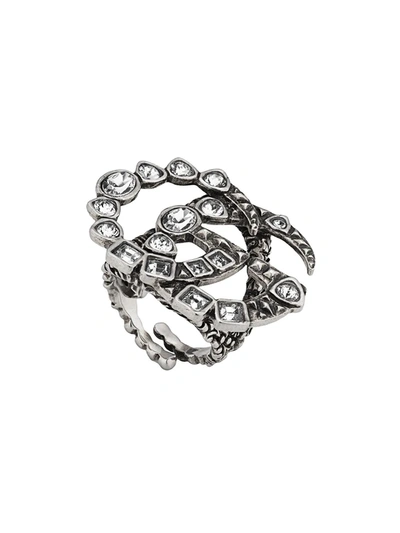 Shop Gucci Crystal Double G Ring In Silver