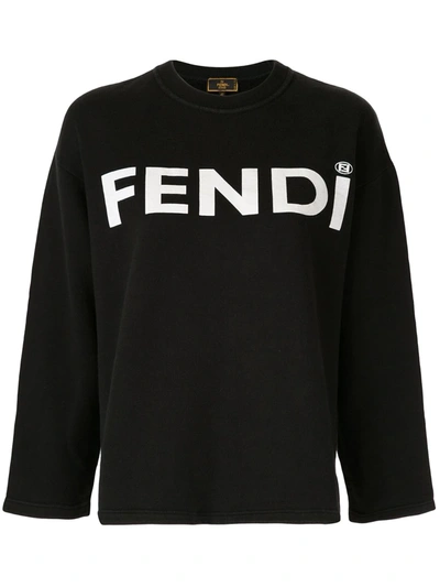 Pre-owned Fendi 2000s Long Sleeve Logo Top In Black