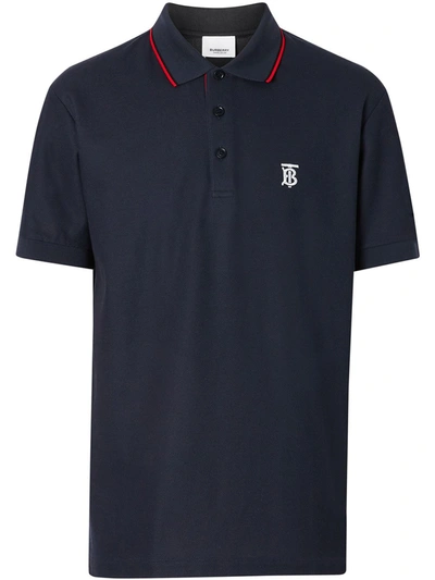 Shop Burberry Icon Stripe Placket Cotton Piqué Polo Shirt In Blue