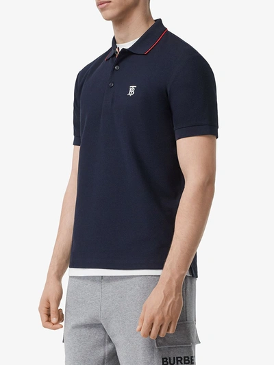 Shop Burberry Icon Stripe Placket Cotton Piqué Polo Shirt In Blue