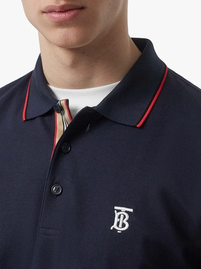 Shop Burberry Icon Stripe Placket Cotton Piqué Polo Shirt In Blue