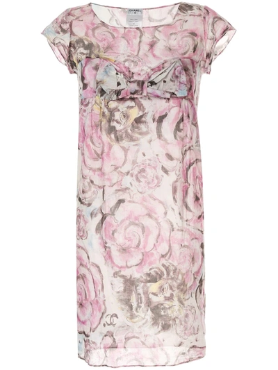 CHANEL Pre-owned 2009 Bow-detail Camellia-print Dress In Purple