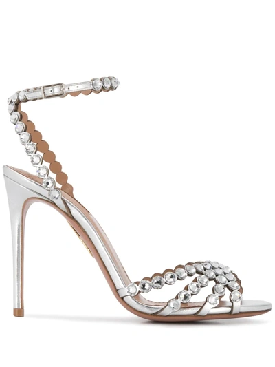 Aquazzura Womens White Tequila 105 Crystal-embellished Leather Heeled Sandals In Silver
