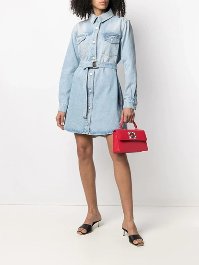 Shop Off-white Arrows Floral-embroidered Denim Shirtdress In Blue
