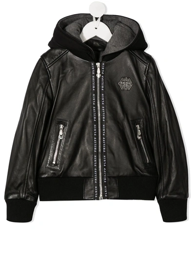 Shop Philipp Plein Junior Institutional Hooded Bomber Jacket In Black